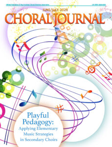 Colorful abstract cover with swirling musical staff lines, circles, and splashes; features 'Choral Journal' and 'June/July 2026' with a feature article title about playful pedagogy in choral music education.